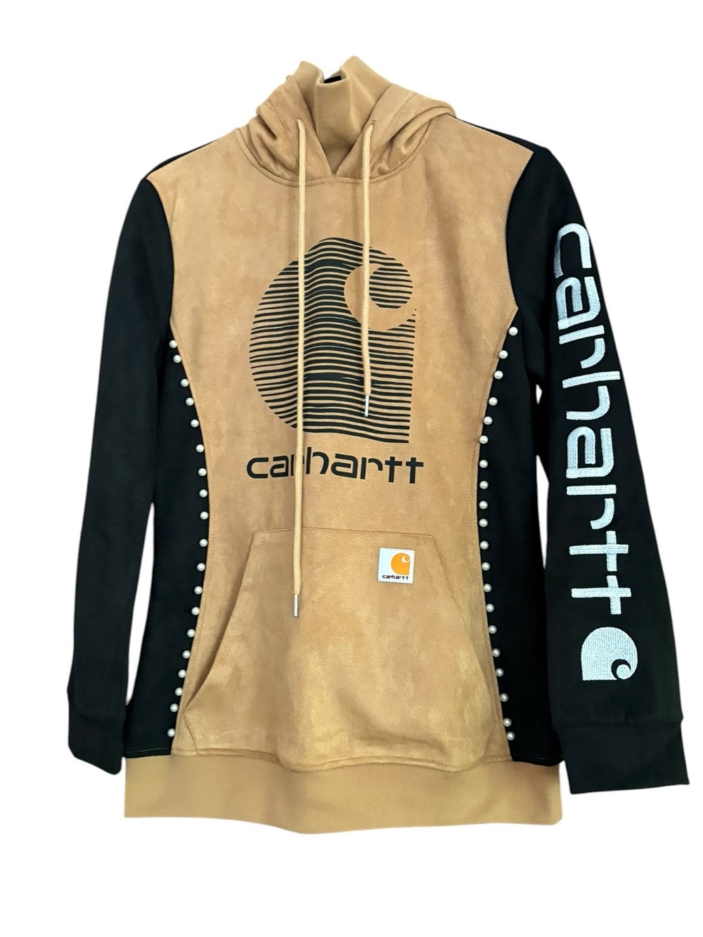 Carhartt Hoodie -Reworked Tan & Black Suede Patchwork with Pearl Detail  Sz S